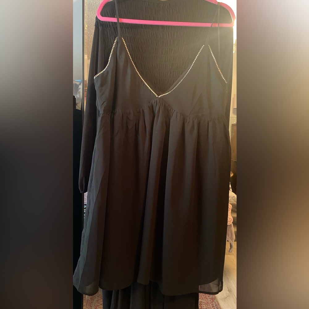 NWT Forever 21 Black Chiffon Baby Doll Mini Dress with Faux Crystal Beaded Trim